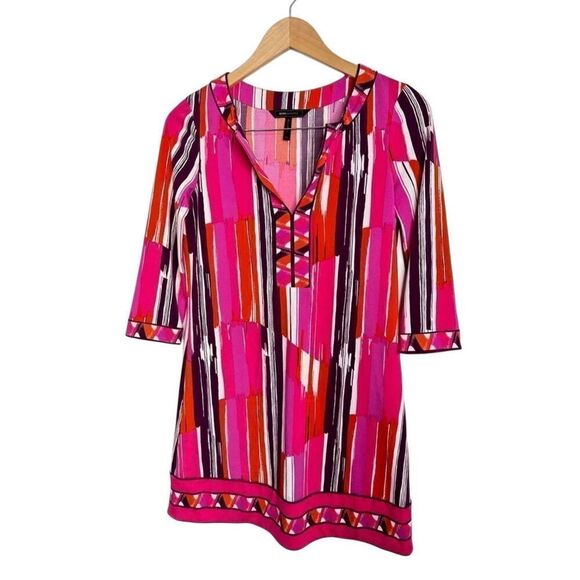 BcbgMaxAzria Dress Size XXS Psychedelic Mod Shift 3/4 Sleeve Multicolor V Neck - Picture 3 of 6